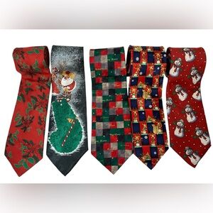 Hallmark Yule Tie Greetings Santa Golf Reindeer Poinsettia Red Tie Necktie Lot 5